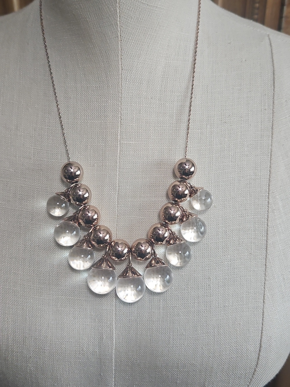 White House Black Market Crystal Clear & Gold Bead Necklace 17" To 21"